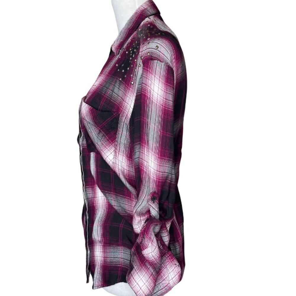 Express Burgundy Gray Plaid Flannel Roll Tab Studded Shoulder Button Down Shirt - Picture 4 of 7